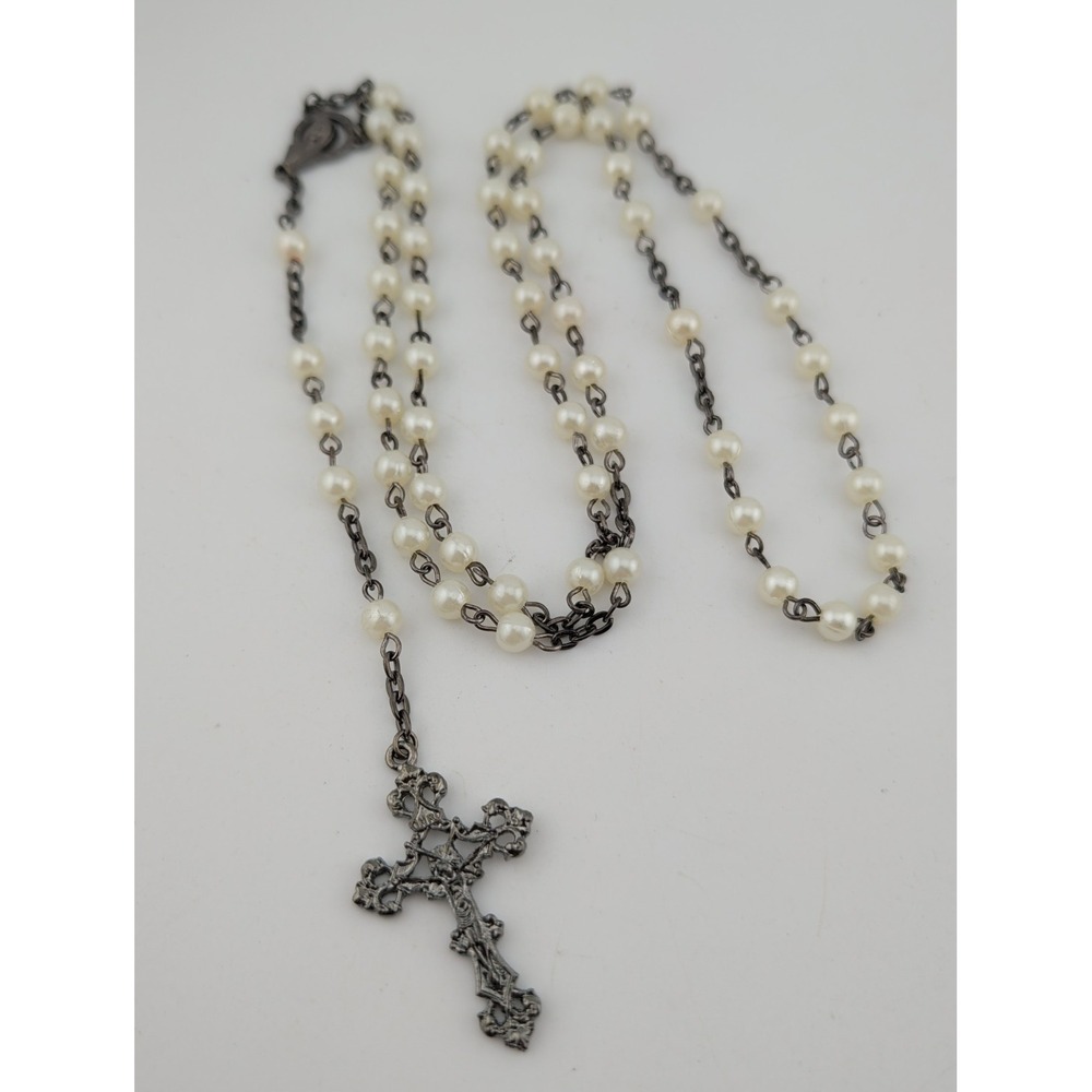 Stunning Vintage Antique Rosary Faux Pearl Estate Religious Catholic Crucifix